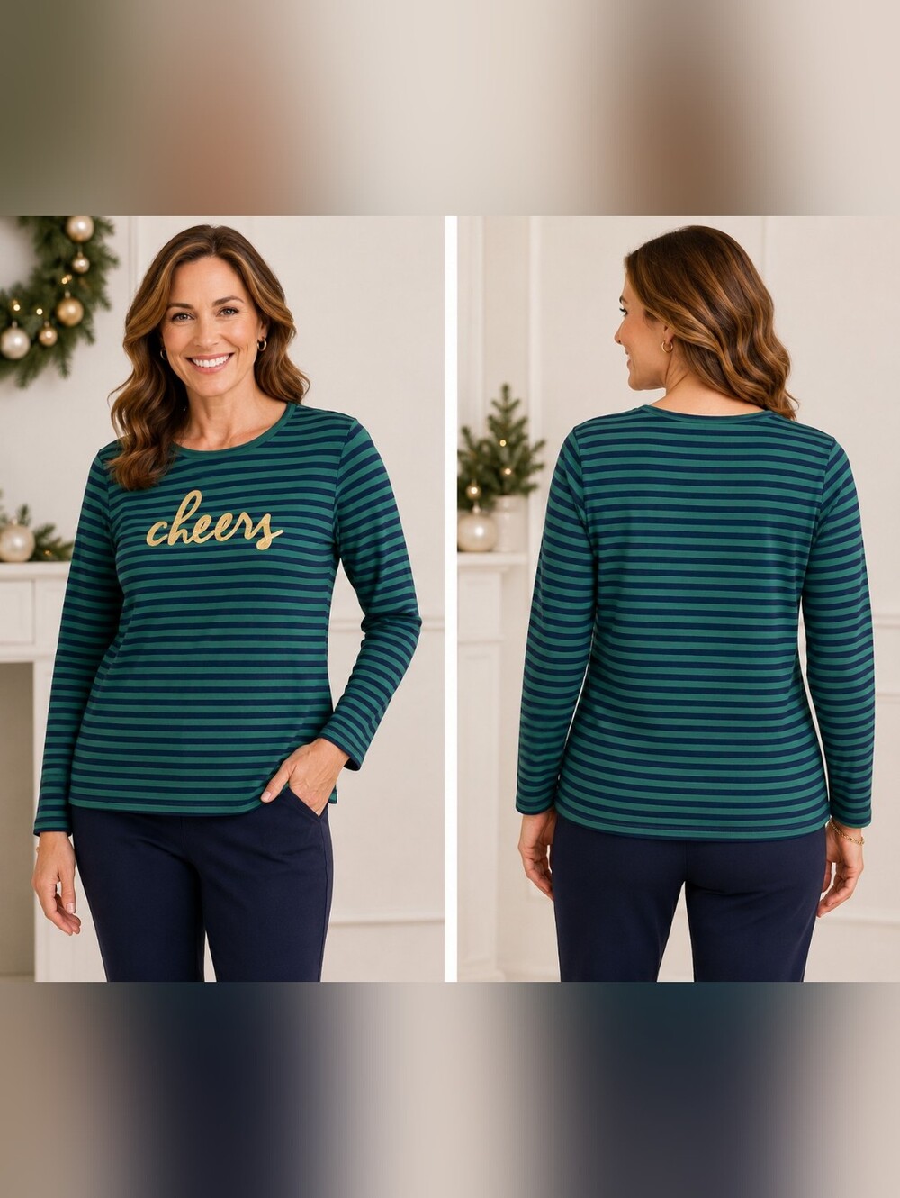 Talbots Cheers Embroidered Striped Long Sleeve Top Green Navy Holiday Women's S